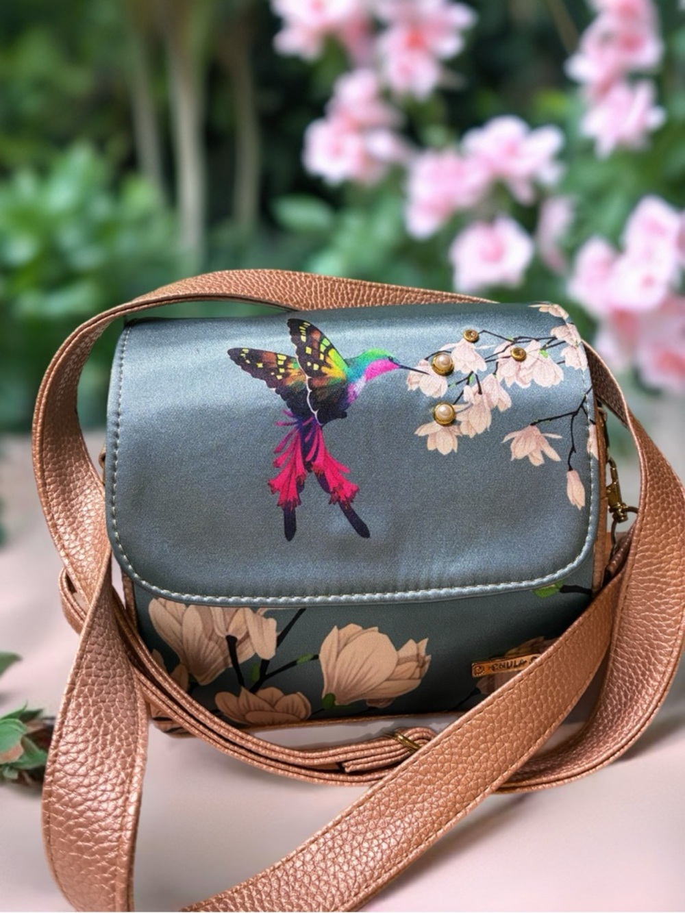 CHULA Hummingbird Floral Crossbody Bag in Teal with Rose Gold Strap